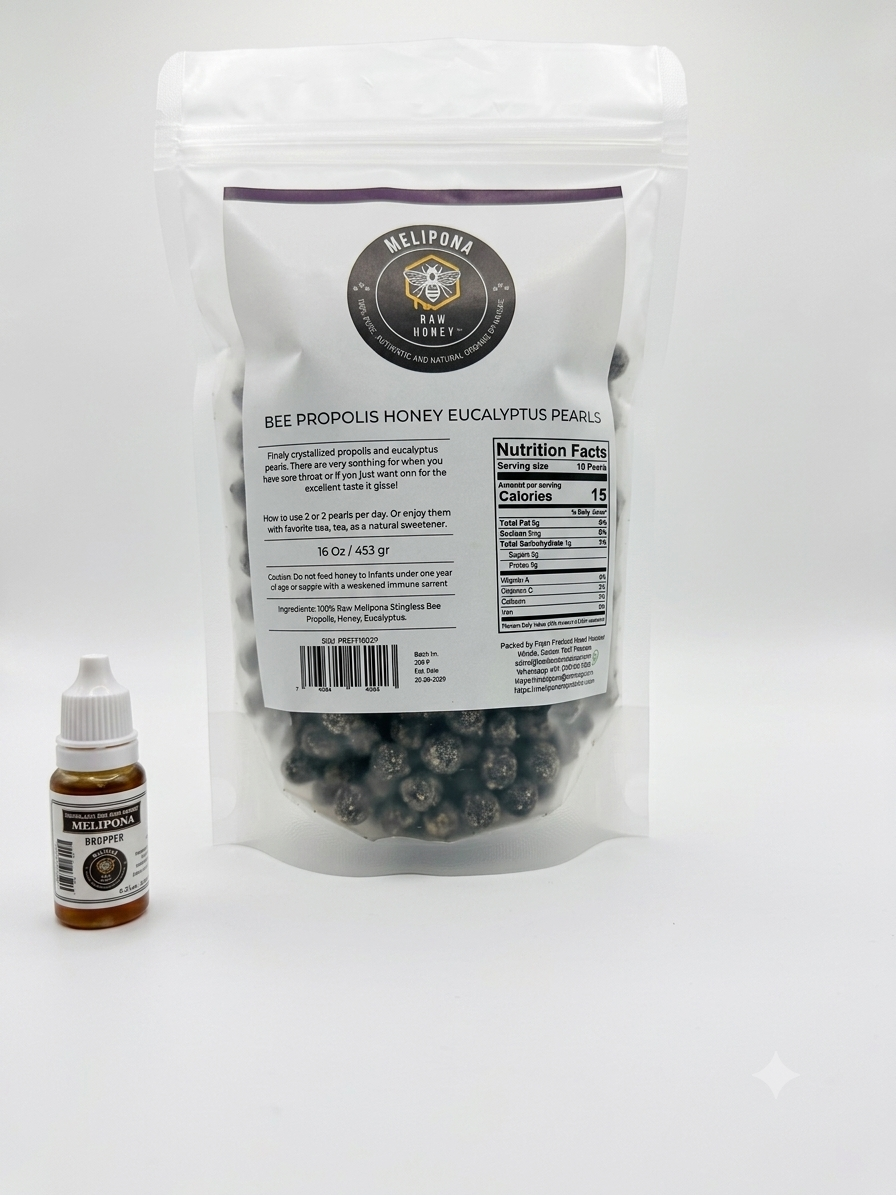 Melipona Stingless Bee Raw Honey & Propolis Pearls (16 oz + Free Dropper)