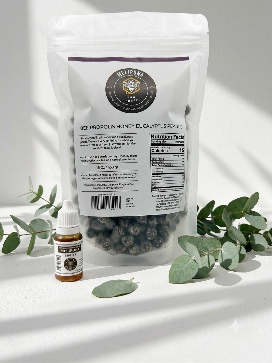Melipona Stingless Bee Raw Honey & Propolis Pearls (16 oz + Free Dropper)